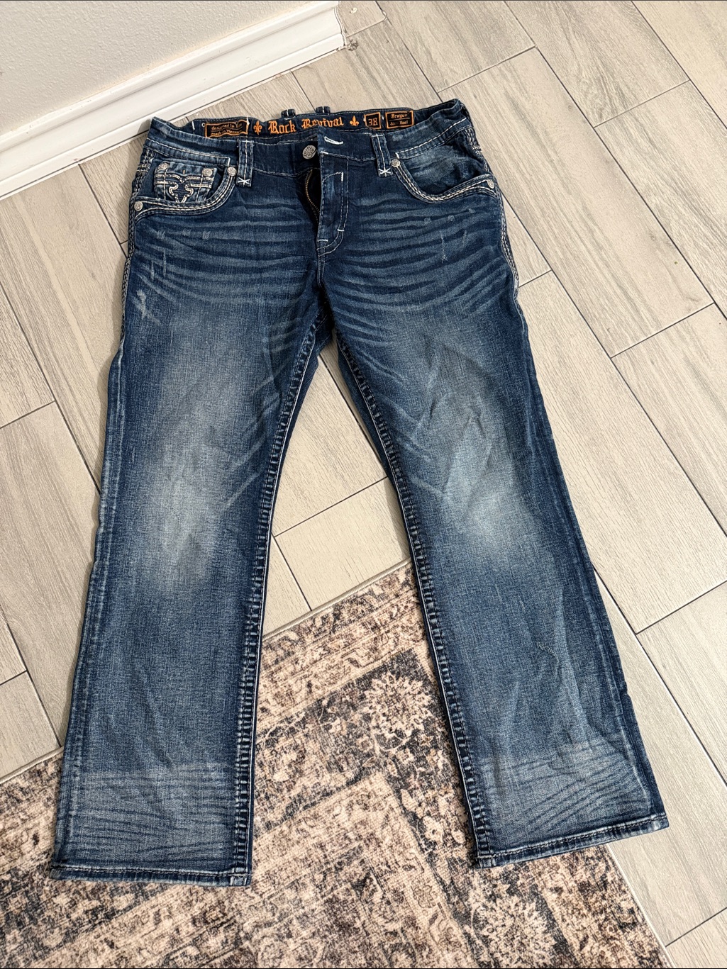 Rock Revival Men's Blue Bootcut Jeans With Whiskered Fade